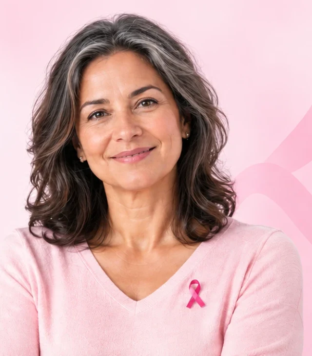 Mulher sorrindo com laço rosa na roupa
