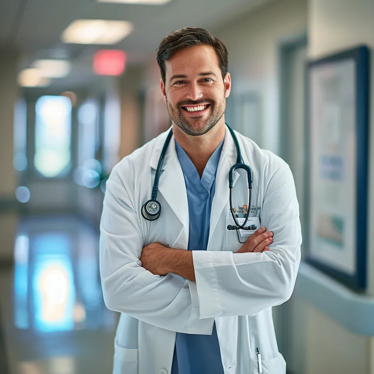 Médico sorrindo representando a consulta com proctologista na Clínica Cor, no Catete, Rio de Janeiro